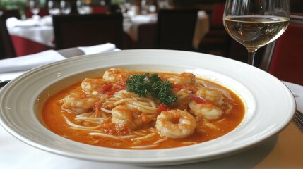 A plate of spaghetti with shrimp in a tomato sauce, garnished with parsley, served with a glass of white wine.