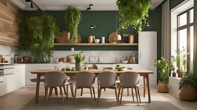 Stylish Boho Scandinavian Kitchen with Dining Table and Lush Greenery in HD