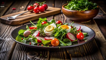 Fresh Salad with Boiled Egg in Black Dish: Night Photography of Healthy Ingredients on Wooden Table