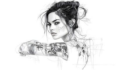 A digitally created sleeve tattoo design featuring intricate geometric patterns and abstract minimalist aesthetics