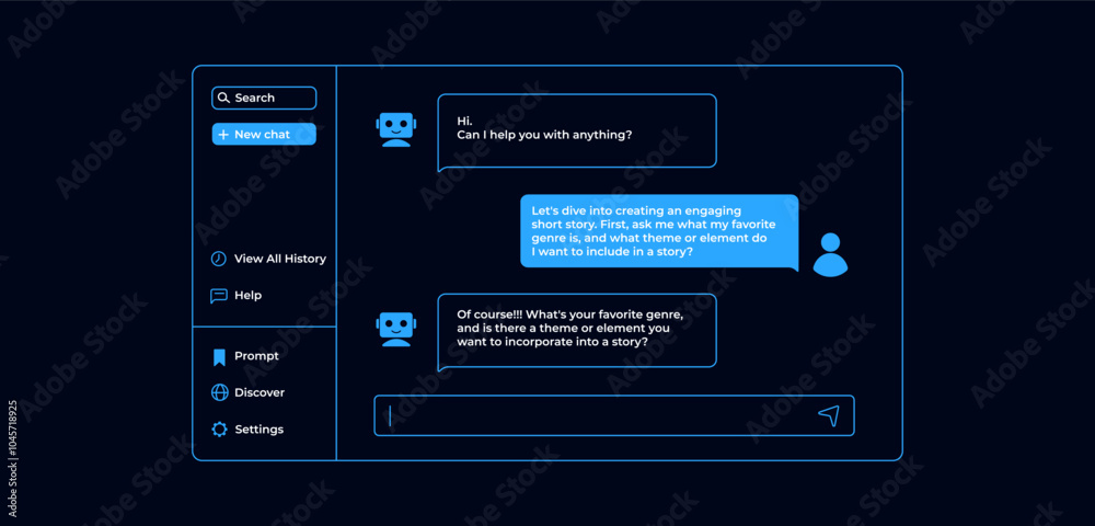 Poster chatting with artificial intelligence. chat bot user interface in blue dark style with messages.
