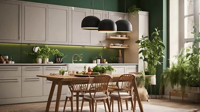 HD Video of a Chic Boho Scandinavian Kitchen Featuring Dining Table and Lush Greenery