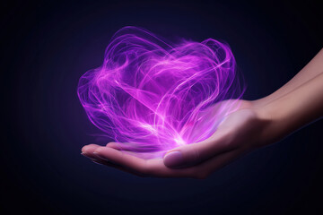 A glowing purple heart shape emanates from a hand in a dark setting at night