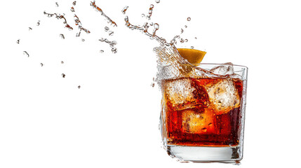 Captured splashing Negroni cocktail, side view, on a clear background.