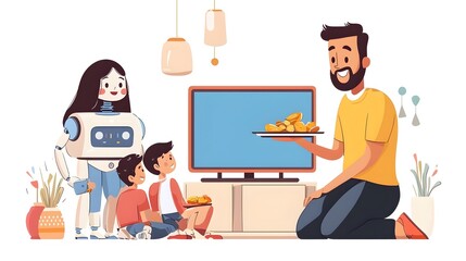Fototapeta premium A modern family relaxing together in the living room with a robot serving them snacks on a tray showcasing the of technology in the domestic sphere for entertainment and hospitality purposes