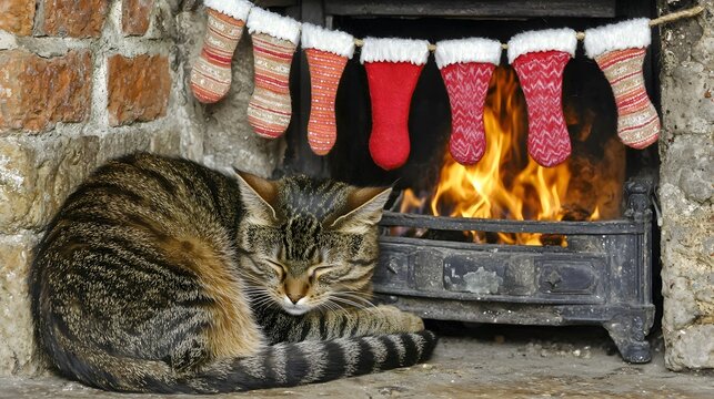Cat by the Fireplace : “2025”. A contented cat curled up by a crackling fireplace, stockings hung above. Cozy warmth. Copy space near the hearth. 