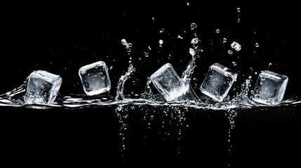 A series of ice cubes falling one after another and hitting the water creating a sequential pattern of splashing ripples on a clean black background
