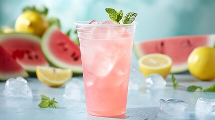 Fototapeta premium Refreshing Watermelon Lemonade with Mint and Ice Cubes