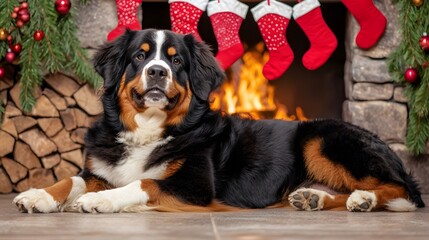 Dog by the Fireplace : “2025”. A contented Bernese Mountain Dog lying by a crackling fire, stockings hung above. Cozy warmth. Copy space near the hearth. 
