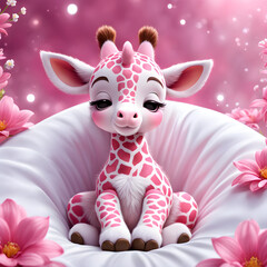 The artwork features a baby pink giraffe depicted in a cartoonish, adorable style. The character exudes a peaceful, serene vibe, symbolized by its closed eyes and a cozy sheet draped over its body. Th