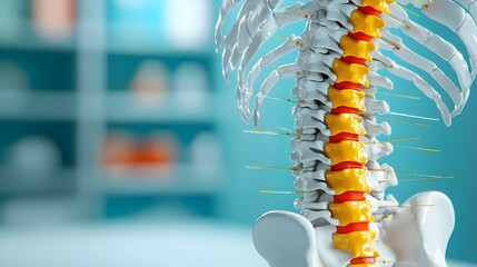 Fototapeta premium Acupuncture needles carefully placed along the spine of a practice model demonstrating the traditional Chinese medicine therapy technique for achieving harmony balance and wellness