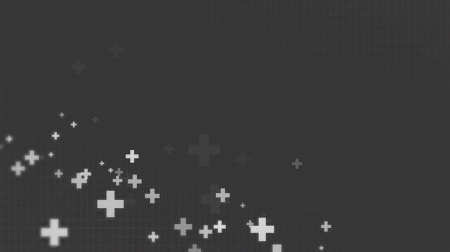 Cross animated pattern with a plus sign on grey background with grid. Mathematics geometry background texture. Looped. Copy space.