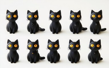 A charming collection of black cats for Halloween, featuring spooky details and sparkling yellowish eyes, displayed elegantly
