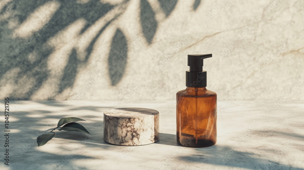 Poster a brown bottle of liquid soap sits on a white marble surface with a small, round, marble-patterned s