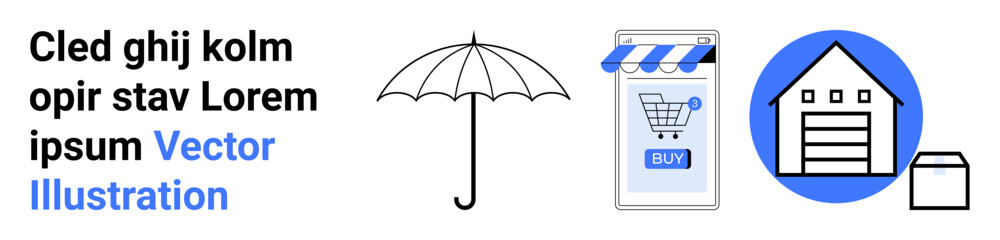 An umbrella, a mobile phone with a shopping cart icon, a warehouse, and a package. Ideal for e-commerce, delivery services, online shopping, storage solutions, and protection. Banner for landing page