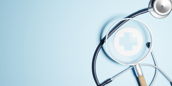 Magnifying glass looking at medical care symbol. Positive thinking mindset or healthcare insurance symbol concept. Business for profit, benefit, development and growth concepts, copy space. 3d render