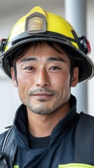 黄色いヘルメットと制服を着て笑顔を見せる自信に満ちた消防士