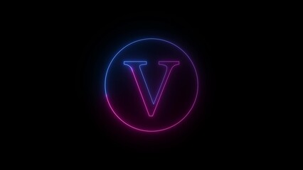 Neon Letter V in Circle on Black Background