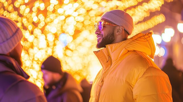 Diverse Men Showcasing Unique Winter Styles at Festive Street Festival Under Glowing Lights