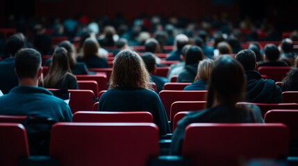 A large audience in a theater focuses on the front stage during a presentation, with rows of red seats reflecting the ambiance of the event