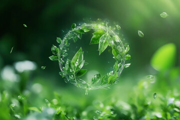 Green leaf suspended mid-air, encircled by a ring of leaves.