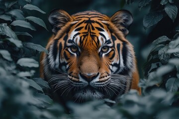 A close-up of a tiger in a lush, green environment, showcasing its striking features.