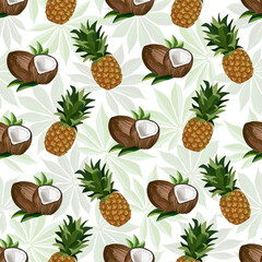 Illustration with pineapples and coconuts.Pineapples and coconuts on a background of palm leaves in color vector illustration.