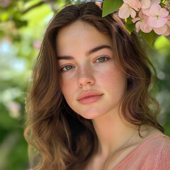 Fototapeta premium Young woman with green eyes and wavy hair poses under blooming flowers in springtime