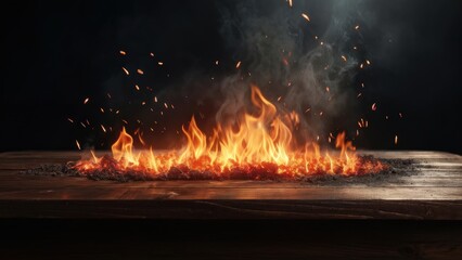 A mesmerizing display of flames and smoke rising from a wooden surface.