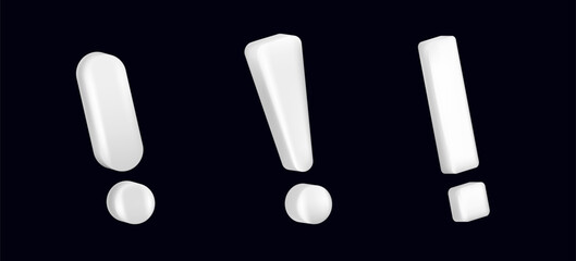 White warning exclamation mark. Icon of hazard. White alert signal symbol. Danger notification.