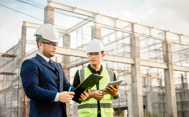 Two engineers discuss the structural plans of a building and inspect its integrity construction site
