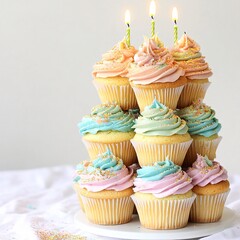 A stunning cupcake tower featuring beautifully decorated pastel frosted cupcakes, perfect for celebrations. Bright candles add a festive touch.