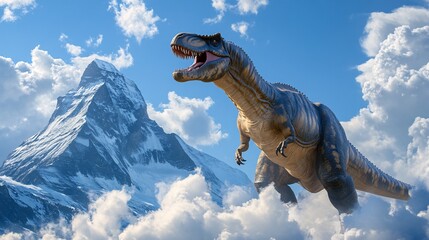 Fototapeta premium A majestic Giganotosaurus stands against a breathtaking mountainous backdrop, surrounded by towering clouds, showcasing its fierce presence in a vibrant landscape.