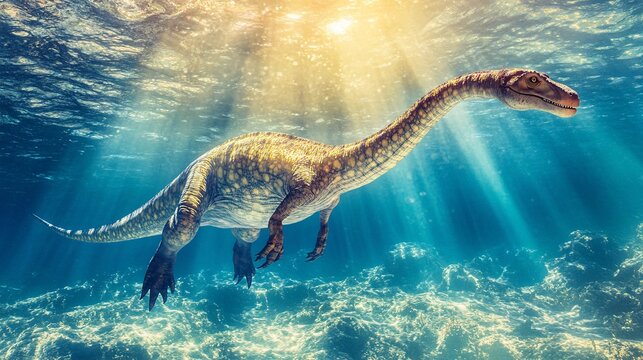 A majestic plesiosaurus gracefully swims through the clear ocean waters, illuminated by sunlight, capturing the wonder of prehistoric marine life in this serene underwater scene.