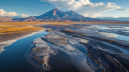 Aerial View of Volcanic Landscape with Salt Flats and Blue Water