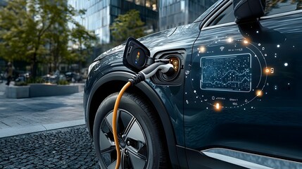 Close up view of the charging port of an electric vehicle with the battery status and charging information displayed in a clean digital interface