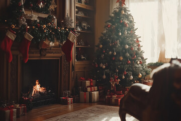 .Christmas interior with Christmas tree and fireplace,film style