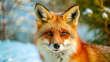 Fototapeta premium Close-up of a red fox in the snowy forest with soft snowfall