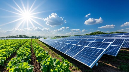A vibrant solar farm thrives alongside agricultural land, showcasing renewable energy technology under a bright blue sky. Sunlight highlights the lush green crops.
