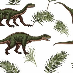 Fototapeta premium Minimalist seamless pattern featuring a dinosaur and plant on a white background