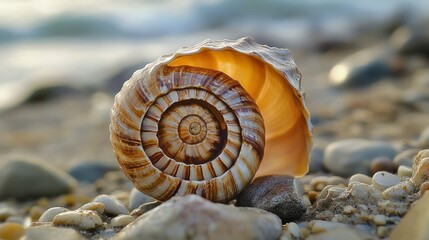 Beautiful Spiral Seashell on Pebbled Beach: Coastal Serenity with Soft Ocean Breeze