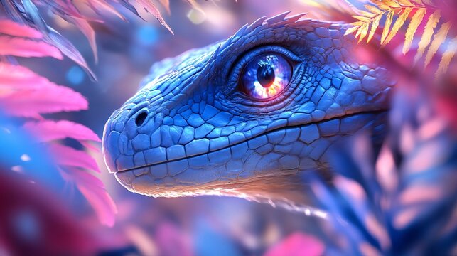 This vibrant illustration showcases a Troodon with a striking gaze, surrounded by colorful foliage, highlighting its unique intelligence and charm in a surreal setting.