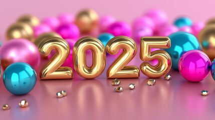 Festive gold balloon numbers 2025 with colorful party decorations, ideal for New Year celebrations, holiday events, and festive marketing campaigns, perfect for vibrant designs and party promotions.