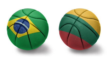Obraz premium basketball balls with the national flags of lithuania and brazil on the white background.