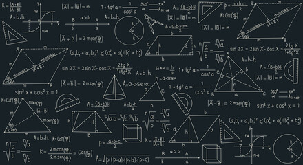 School-themed background with geometric formulas. Back to school or going to university. Exact sciences for technological design. Formulas on a school blackboard. Geometry lesson design.