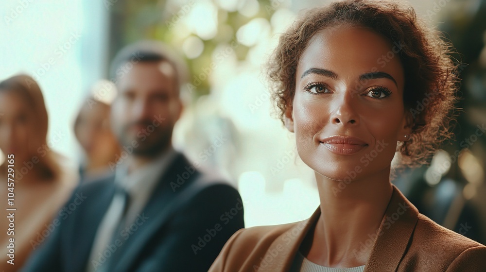 Poster Confident Woman at Conference with Attendees in Background