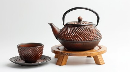 Asian teapot set on wooden stand with clay cup