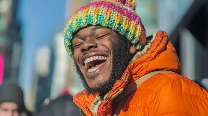 Joyful Winter Moments - Candid Shot of Laughing Man Ice Skating with Friends in Stylish Attire