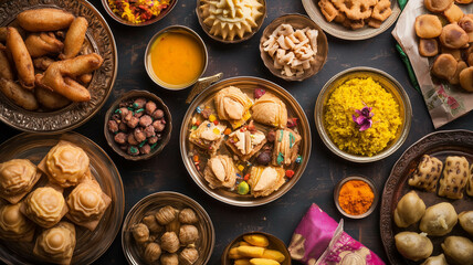 A traditional Indian meal with sweets and snacks arranged for Diwali
