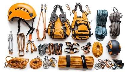 Comprehensive collection of essential climbing equipment including harnesses ropes helmets carabiners and other specialized tools for outdoor adventuring extreme sports and mountain activities